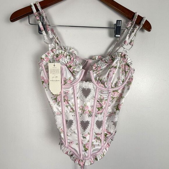 For Love & Lemons Naima Bustier Corset Top – Pink Floral Lace-Up Ribbon Tie - Picture 3 of 12